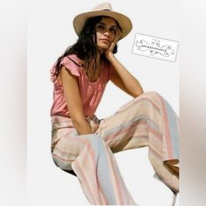 Anthropologie Beachy Wide Leg Soft Neutral Linen Coastal Striped Pants 10 Petite